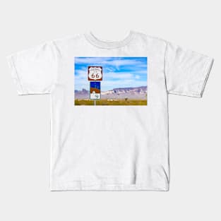 Historic Route 66 road sign in desert with mountain backdrop, Arizona. Kids T-Shirt